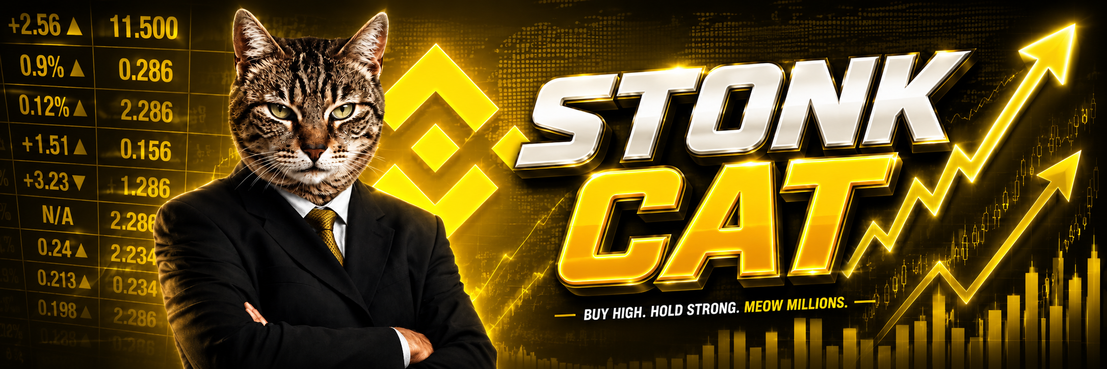 Stonk Cat promotional banner with metallic STONK CAT lettering, rising yellow charts, and the line Buy High Hold Strong Meow Millions